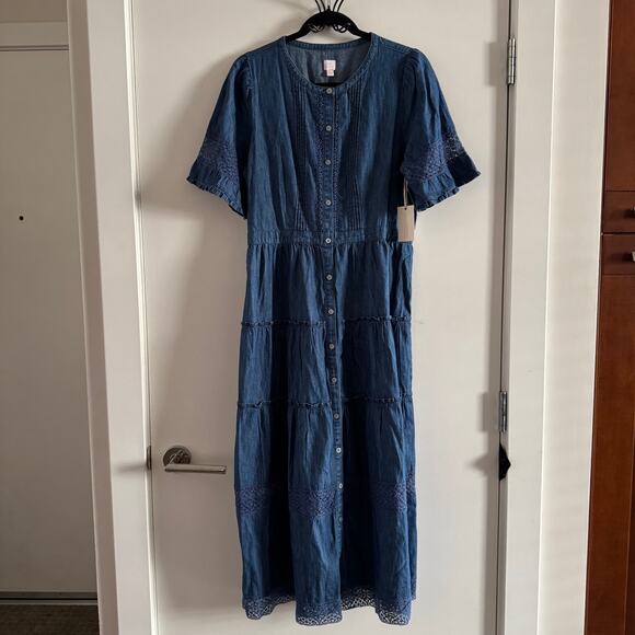New Gap x LoveShackFancy Denim Tiered Midi Dress Blue Ruffle Button Sz M - Picture 4 of 10